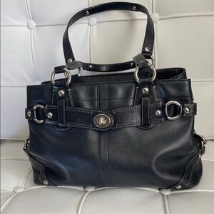 coach Black Carly Satchel Handbag, Genuine Leather & Silver Shoulder